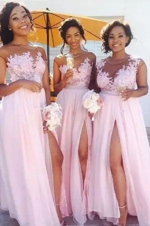 sexy blushing pink lace and chiffon bridesmaid dresses