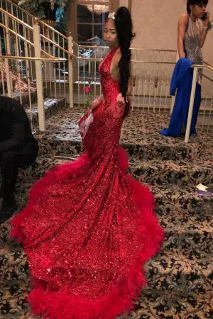dazzling red abstract geometric sequin feather prom dress