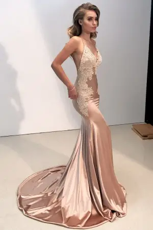 rose gold shiny satin with lace applique mermaid dress