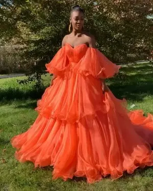amazing ruffled tiered orange organza prom ball gown