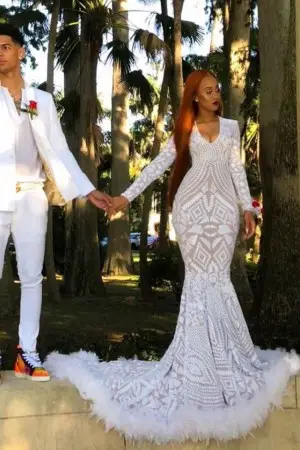 white sequin and feather african american prom dress