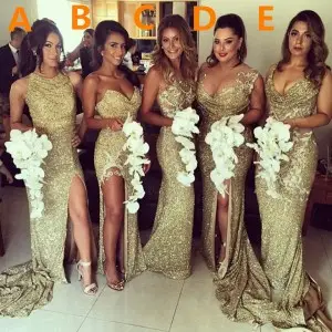 mismatched neck style gold sequin bridesmaid dresses