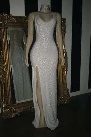 shimmering metallic glitter slit sheath evening prom gown