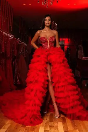 gorgeous red beading with tiered tulle split prom dress
