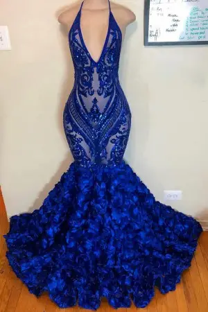 unique pattern royal blue sequin 3d rose long prom dress