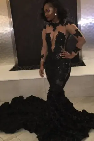 black lace 3d rosettes sexy african american prom dress