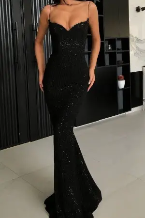 graceful spaghetti strap black sequin evening prom dress