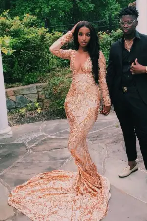 unique geometric pattern gold sequin long train prom gown