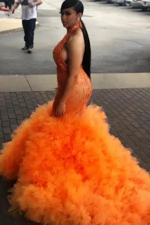 gorgeous ruffled orange tulle beaded mermaid prom dress