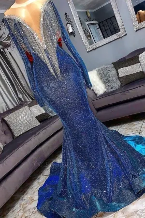 sparkly beading tassels blue african american prom dress