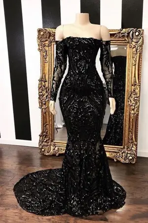 dazzling black geometric sequin mermaid prom dress