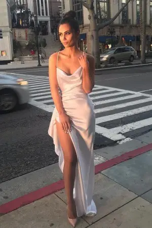 feminine sexy asymmertical side split sleek satin dress