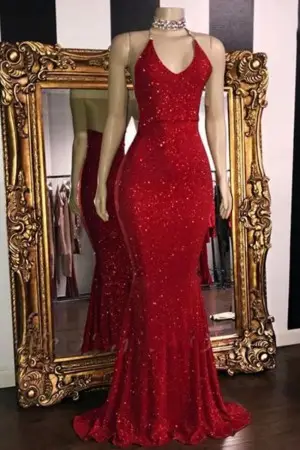shimmering red metallic floor length mermaid prom dress
