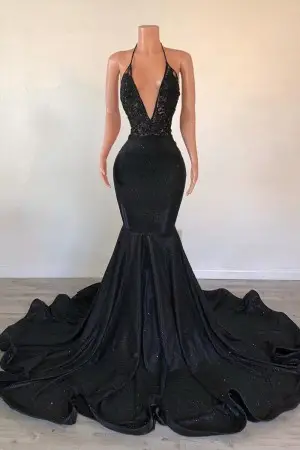sexy plunging neck black glitter long train prom gown
