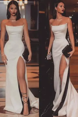 ivory white satin with black stripe slit evening gown