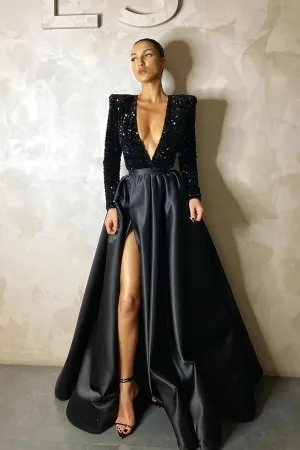black sequin plunging v neck split satin formal dress