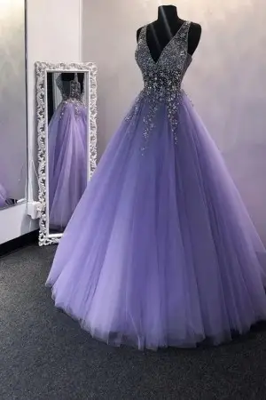 bling bling diamonds beaded purple tulle prom ball gown