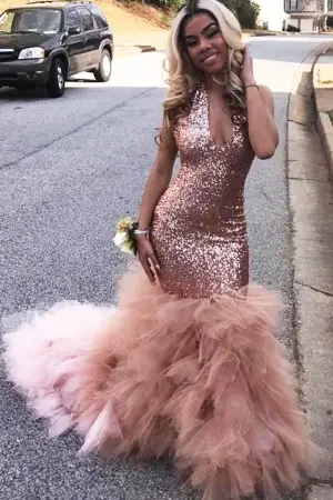 rose gold sequin and ruffled tulle mermaid prom dress