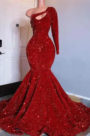 dazzling 5mm red sequin one sleeve trumpet prom dress