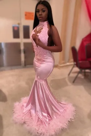 beading tassels choker neckline pink mermaid prom dress