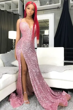 dazzling stripe pattern pink sequin sexy split prom dress