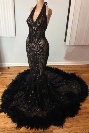 shimmering black geometric sequin feather train prom gown