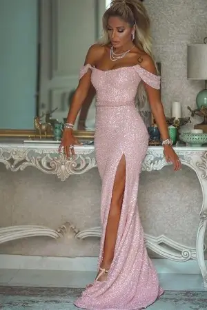 metallic pink glitter off shoulder short train prom dress