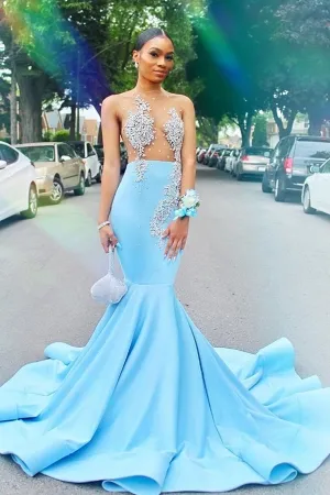 sexy sheer lace bodice sky blue satin mermaid prom dress