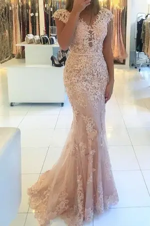 cap sleeve lace pearl pink elegant mermaid formal gown
