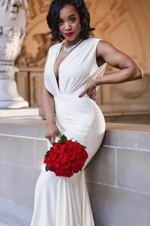 elegant draped ivory satin mermaid bridal reception dress