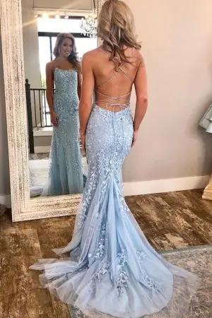 ice blue leaf lace spaghetti straps wedding guest dress
