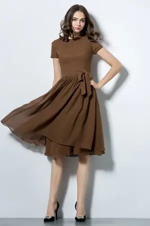 coffee chiffon short sleeve knee length bridesmaid dress