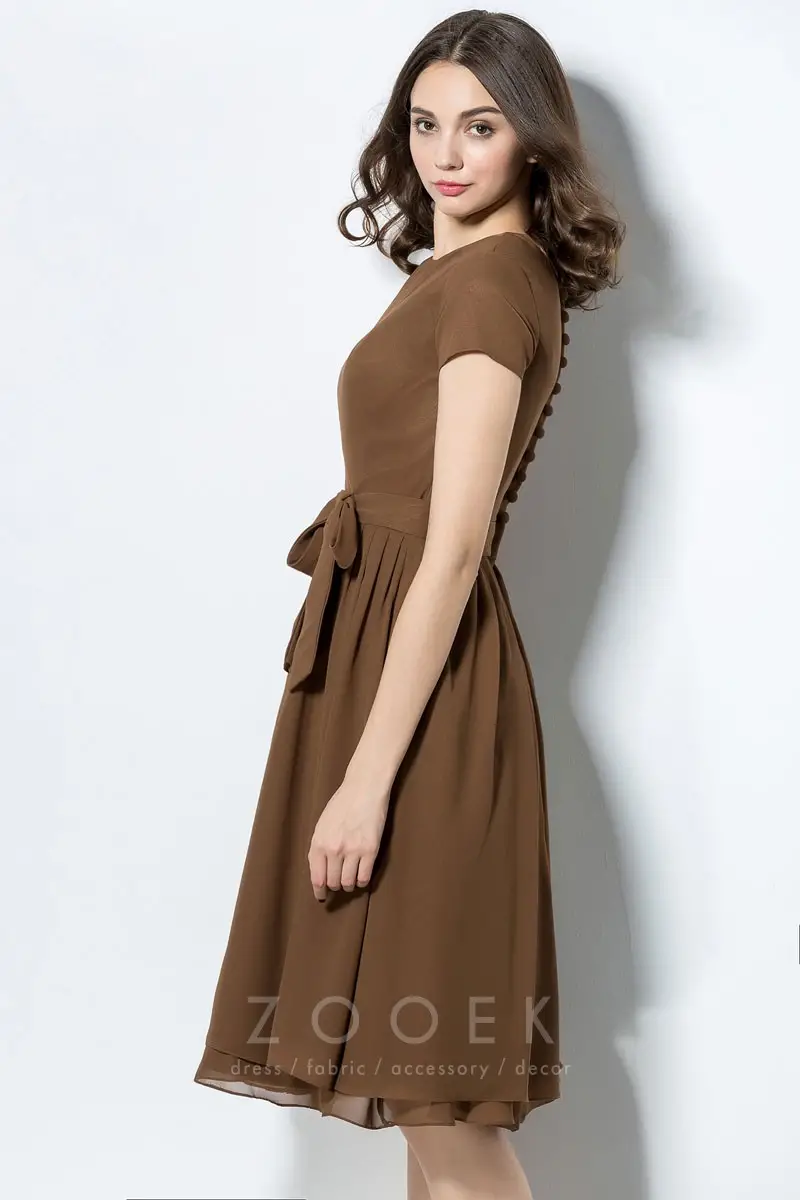 vintage inspired coffee brown chiffon knee length short dress