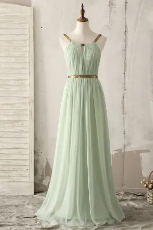 sage wrinkle chiffon crepe gold straps bridesmaid dress