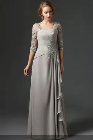 ruched silver chiffon and lace long mother dress