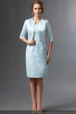 elegant sky blue knee length mother of the bride dress