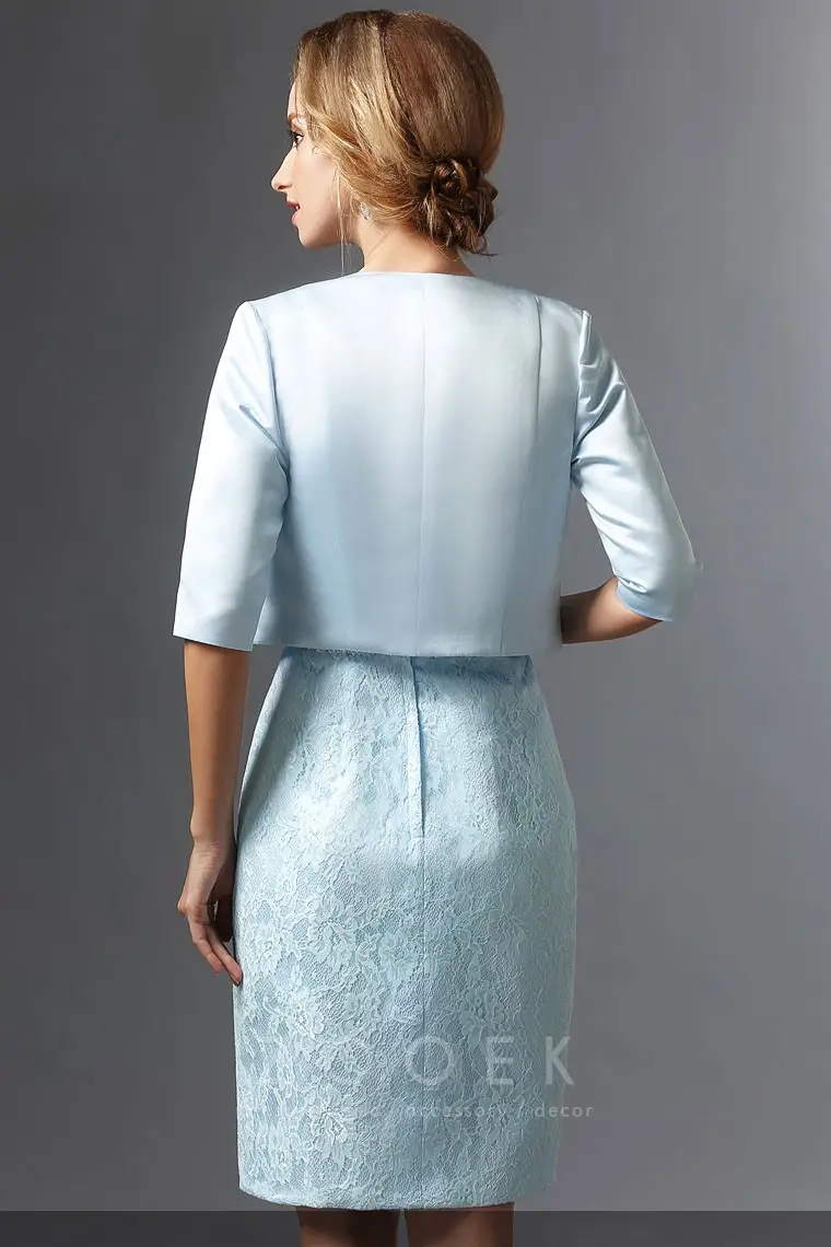 Sky Blue Mother Of The Bride Dresses Asymmetrical Sleeves A-Line V-Neck Lace Knee Length Chiffon Mother Of The Bride Dress
