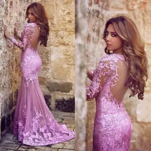 feminine lilac lace long sleeve open back engagement gown