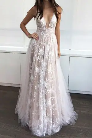 cool white lace tulle with nude lining a line prom dress
