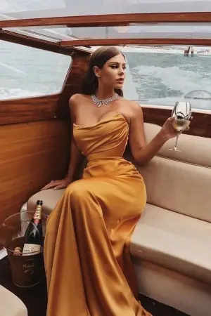 asymmetrical draped gold satin sheath simple prom dress