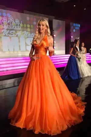 dazzling orange organza halter v neck pageant prom gown