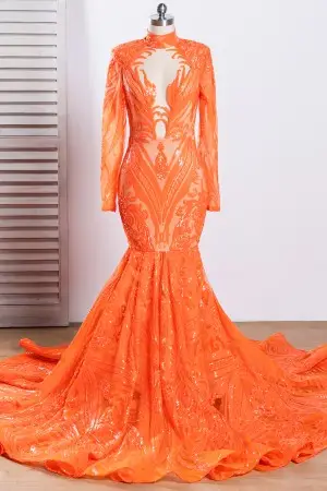 unique orange sequin long sleeve mermaid prom dress