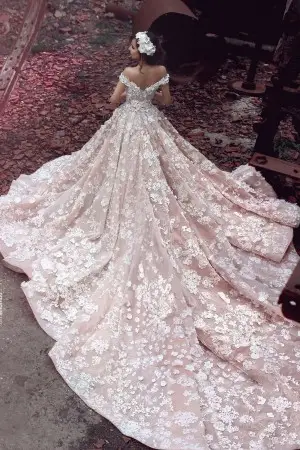 luxury 3d floral nude pink cathedral train wedding gown