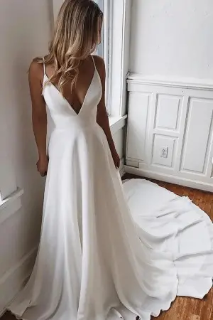 plunging v neck ivory chiffon long train wedding dress