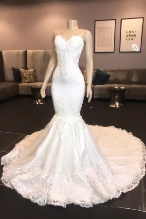 modern white lace appliqued satin mermaid wedding dress