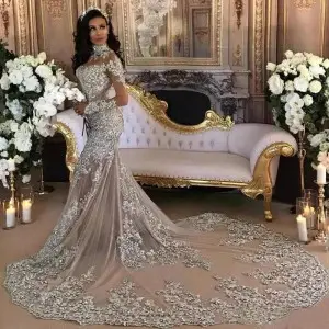 glistening beaded gray lace mermaid illusion wedding gown