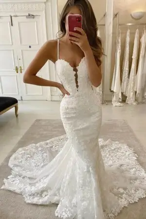 dip sweetheart neck floral lace mermaid boho wedding gown