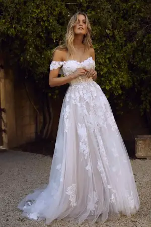 romantic white floral lace tulle nude lining wedding gown