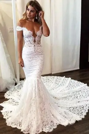 off the shoulder scalloped lace mermaid boho bridal dress
