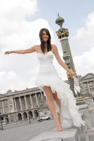 asymmetrical ruffled high low informal bridal gown